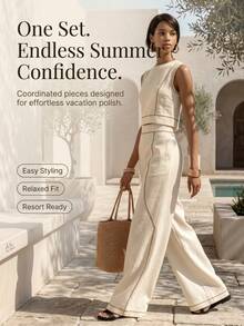 Women's Modest Boho Two-Piece Outfit Sleeveless Round Neck Cropped Blouse  Long Wide Leg Pants With Contrast Piping In Woven Fabric For Spring Outings - 香檳色 - 查看 5