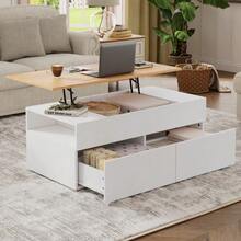 Coffee Table 100 X 50 X 40 Cm, Height-Adjustable Coffee Table With Concealed Storage, Living Room Table With 2 Drawers, Side Table With Semi-Open Storage, White And Wood Bedside Table. - White - View 2