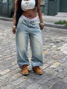 Blue Washed Jeans, American Casual Denim Style, Loose Wide Leg, Women's Fashion Spring/Summer - 淺藍色 - 查看 4