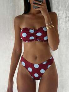 Conjunto de Bikini de Dos Piezas con Top Bandeau a Lunares Rojo Vino y Azul, Traje de Baño Sexy y Elegante para Mujer, Moda de Verano para Playa, Vacaciones y Fiestas - Multicolor - Ver 4