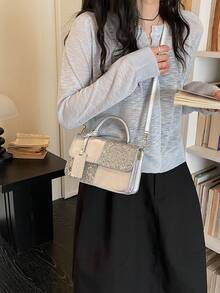 Women's Square Handbag, Dual-Color Plaid Patchwork Design, Fashionable Elegant Minimalist, Crossbody Shoulder Bag, Silver - Silver - View 7