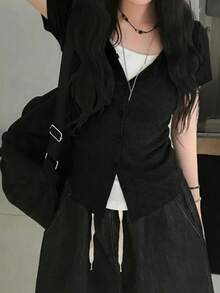 韓式簡約學院風配色圓領修身 2 合 1 翻領短袖女款休閒夏季 T-shirt 上衣 - 黑色 - 查看 6