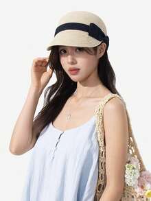 1件女款夏季蕾絲蝴蝶結草帽，優雅甜美風格，寬簷遮陽帽，適合海灘度假，夏季防曬帽，單件女款時尚草帽，中性款素色帽，戶外旅行用品，彩虹條紋草編水桶帽，透氣顯臉小，海灘時尚草帽禮物，適合日常穿搭 - B - 查看 3