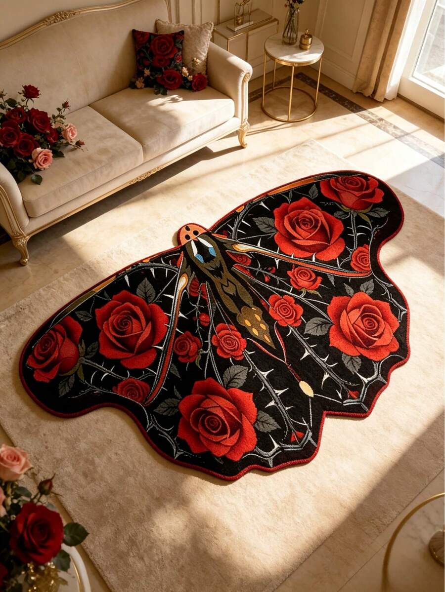 1pc Red And Black Butterfly Floor Mat, Thickened Carpet, Decorative Rug, Bedroom Decor, Small Rug, Carpet, Home Decor, Living Room Rug, Living Room Small Rug, Bedroom Rug, Living Room Home Decor, Outdoor Rug, Washable Carpet, Graduation Season Gift - Red and Black - View 1