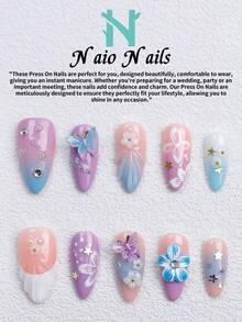 NAIO 10片/組手工穿戴式假指甲，3種尺寸：棺材形/杏仁形/短方型，Y2K夢幻風，馬卡龍漸層色，附3D蝴蝶與花朵設計、星星與水鑽裝飾，適合女性與女孩，日常使用與派對，女士美甲禮物首選 - 彩色 - 查看 2