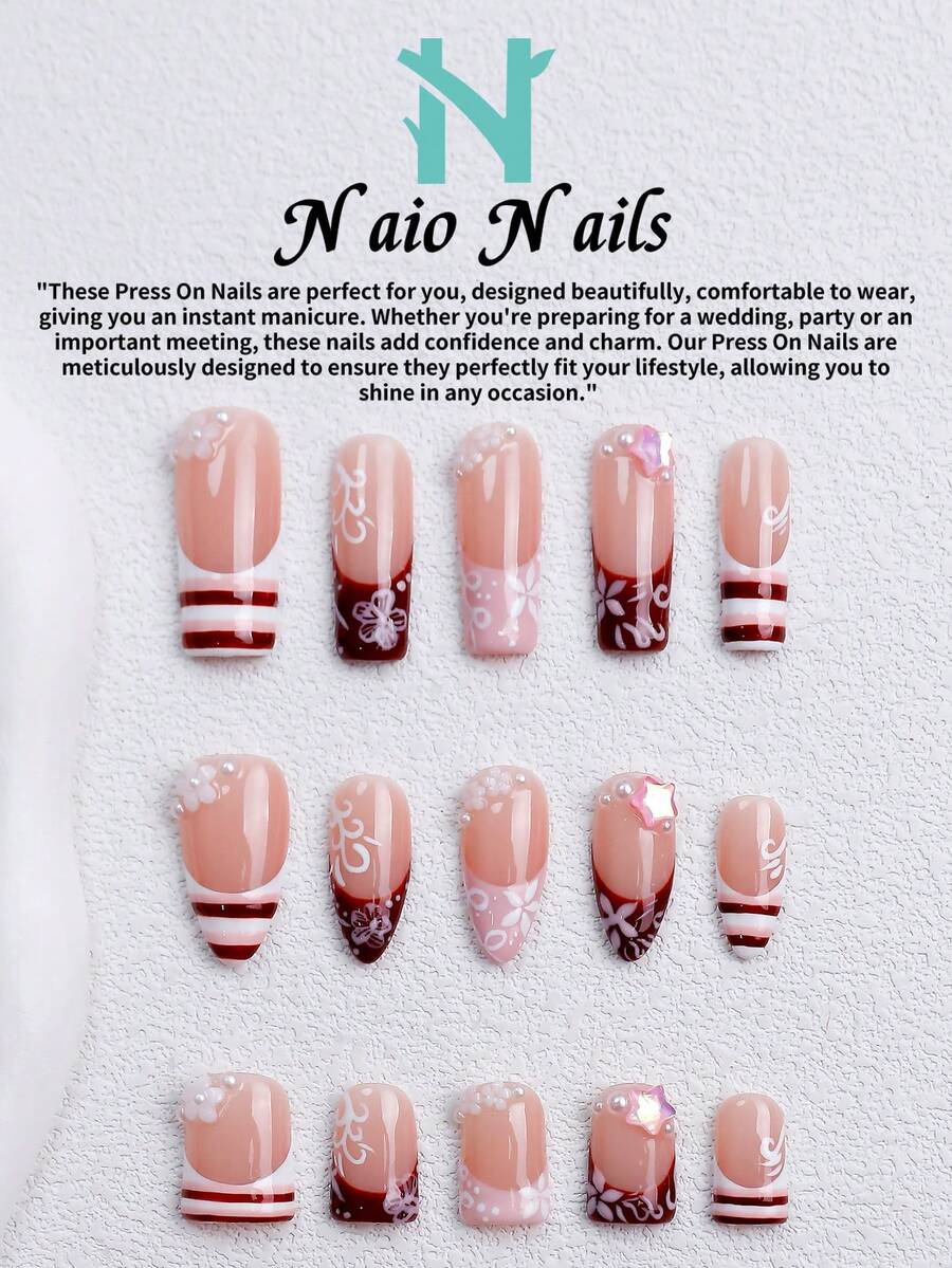 NAIO 10片/組手工穿戴式假指甲,3種尺寸:棺材型/杏仁型/短方型,Y2K優雅風,裸色法式美甲搭配花卉與條紋設計,珍珠與星星裝飾,適合女性與女孩,日常使用與派對,女士美甲禮物,美甲用品 - 彩色 - 查看 1