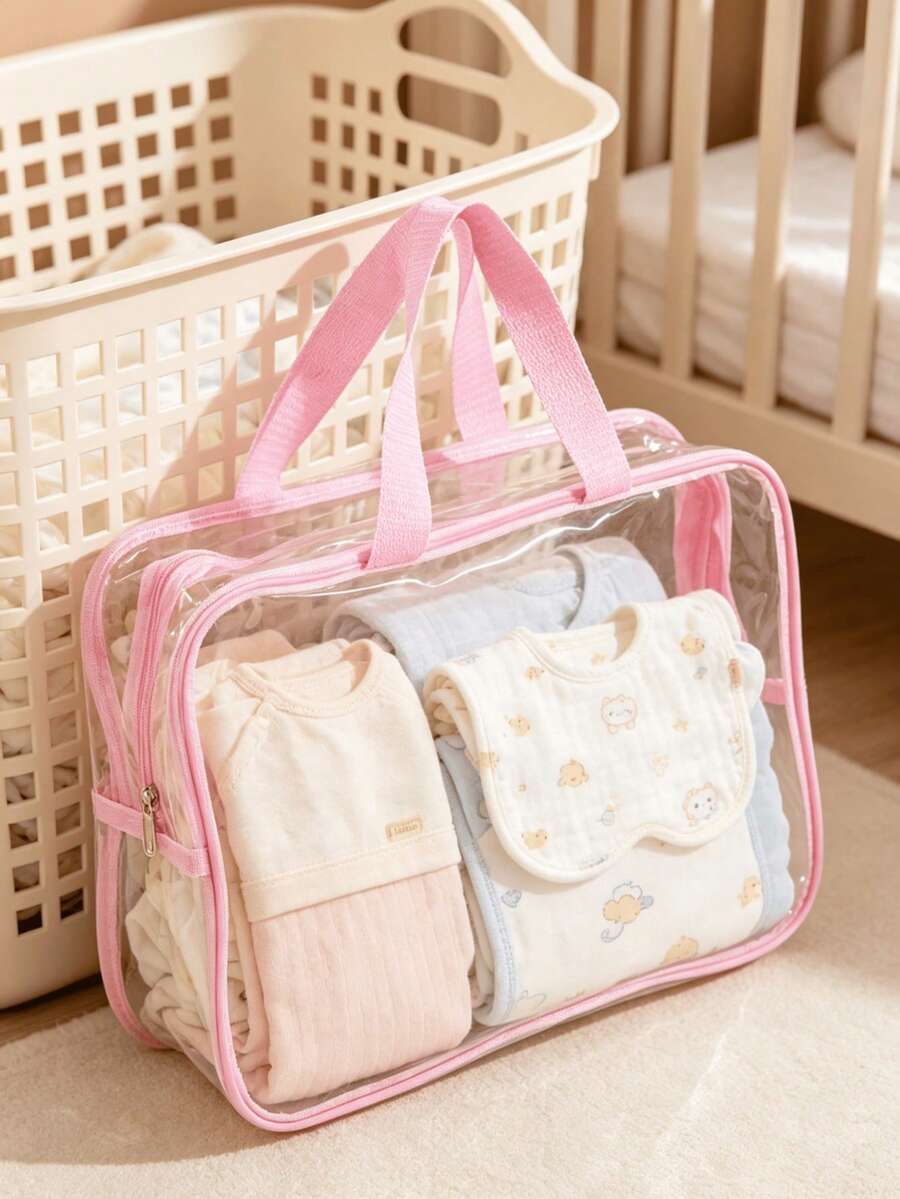 Transparent PVC Baby Storage Bag, Waterproof Portable Diaper Storage Bag With Pink Trim, Multi-Functional Parenting Tote Bag, Suitable For Diapers, Toys And Baby Toiletries - Storage - View 1