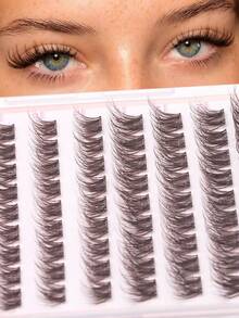 FindLove 90Clusters Brown Lashes With Adhesive DIY Pre Glued Lash Extensions D Curl 10-16mm Press-On Eyelash Crossed Wispy Lash Reusable Individual Eyelashes Natural Soft Lightweight Mix Style Lash Clusters For Self Use At Home Or Travel Makeup Tools - D - View 6