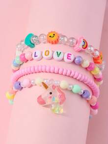 4pcs/Set Girls Cute Unicorn Pendant Bracelet Set, Suitable For School, Daily Wear And Festivals, Random Colorful Beads - Multicolor - View 12