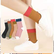 5 Pairs Women's Striped Mid-Calf Socks, Maillard Color-Block Korean Ins Style Patchwork Casual Versatile Retro Slouch Socks - Multicolor - View 6