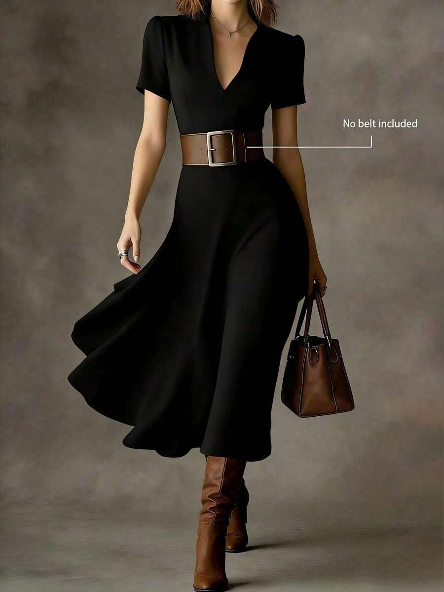 HUTENER Vestido midi A-line de mujer negro con cuello pequeño, manga corta y cintura ceñida, ropa de verano para mujer, vestido midi A-line que estiliza sin cinturón, elegante para ir al trabajo y uso diario (sin cinturón incluido) - Negro - Ver 1