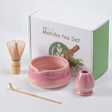 4pcs Classic Japanese Kiln-Fired Ceramic Matcha Tea Set, Includes Matcha Bowl With Lip, Whisk, Spoon, In White Color Gift Box, Song Dynasty Tea Ceremony Style - Baby Pink - View 3