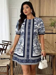 Plus Size Women's Casual Vacation Round Neck Petal Sleeve Printed A-Line Short Dress, Spring/Summer - Multicolor - View 2