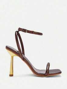 Glitzique Sandalias de tacón alto glamorosas con decoración de cristales de imitación con puntera cuadrada y transparentes, aptas para uso en exterio - Bronce - Ver 6