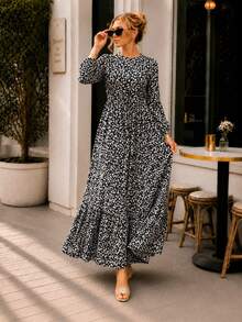 Women's A-Line Floral Maxi Dress with Long Sleeves - 黑色 - 查看 3