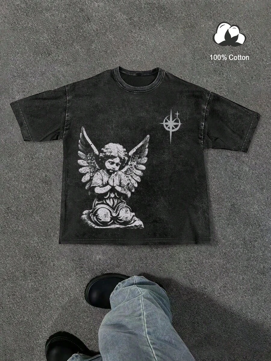 Manfinity Men's T-Shirt With Graphic Print Of The New York Slogan And The Statue Of Liberty, 100% Cotton, Crew Neck, Short Sleeve, Dark Gray, Summer, Streetwear, Red - 黑色 5 - 查看 1