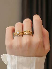 4 piezas de anillos de mujer de estilo de moda con patrón de corona, estrella y luna, de material de cobre multicolor, adecuados como accesorios para atuendos diarios - Multicolor - Ver 2