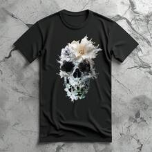 Vintage Graphic T-Shirt With Floral And Skull Pattern - Bella Canvas Unisex T-Shirt - Summer Tops - 黑色 - 查看 1