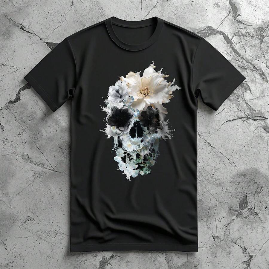 Vintage Graphic T-Shirt With Floral And Skull Pattern - Bella Canvas Unisex T-Shirt - Summer Tops - 黑色 - 查看 1