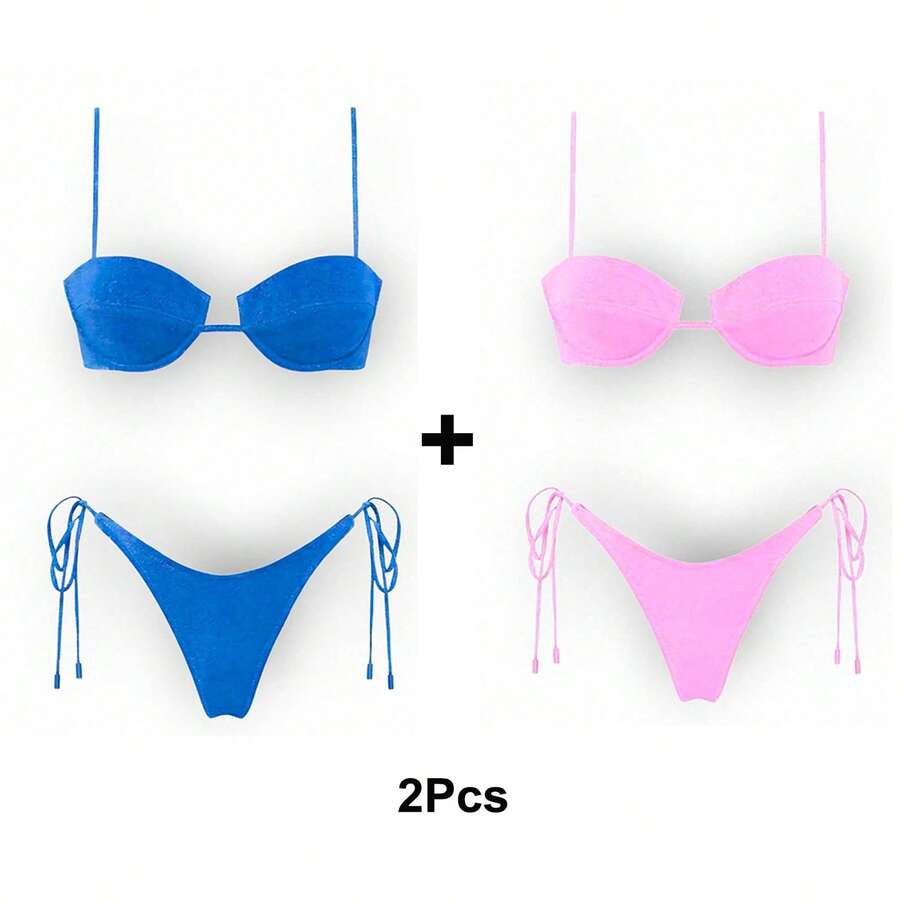 Women's Glossy String Bikini Set Soild Swimsuit Women's Fashion Bikini Green Halter Sport Swimsuit Beach Vacation Low Cut Shiny - 藍+粉 - 查看 1