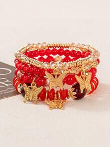 4 piezas/Set Pulsera de cuerda elástica con cuentas y colgante de mariposa de aleación estilo bohemio multicapa Temporada de regreso a la escuela - Multicolor - Ver 13