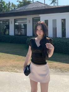 女款夏季休閒V領短袖修身彈性T恤上衣 黑色 - 黑色 - 查看 3