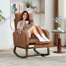 Rocking Chair With Foot Rest, Modern Teddy Glider Rocking Chair With Wood Legs And Side Pocket - 巧克力棕 - View 6
