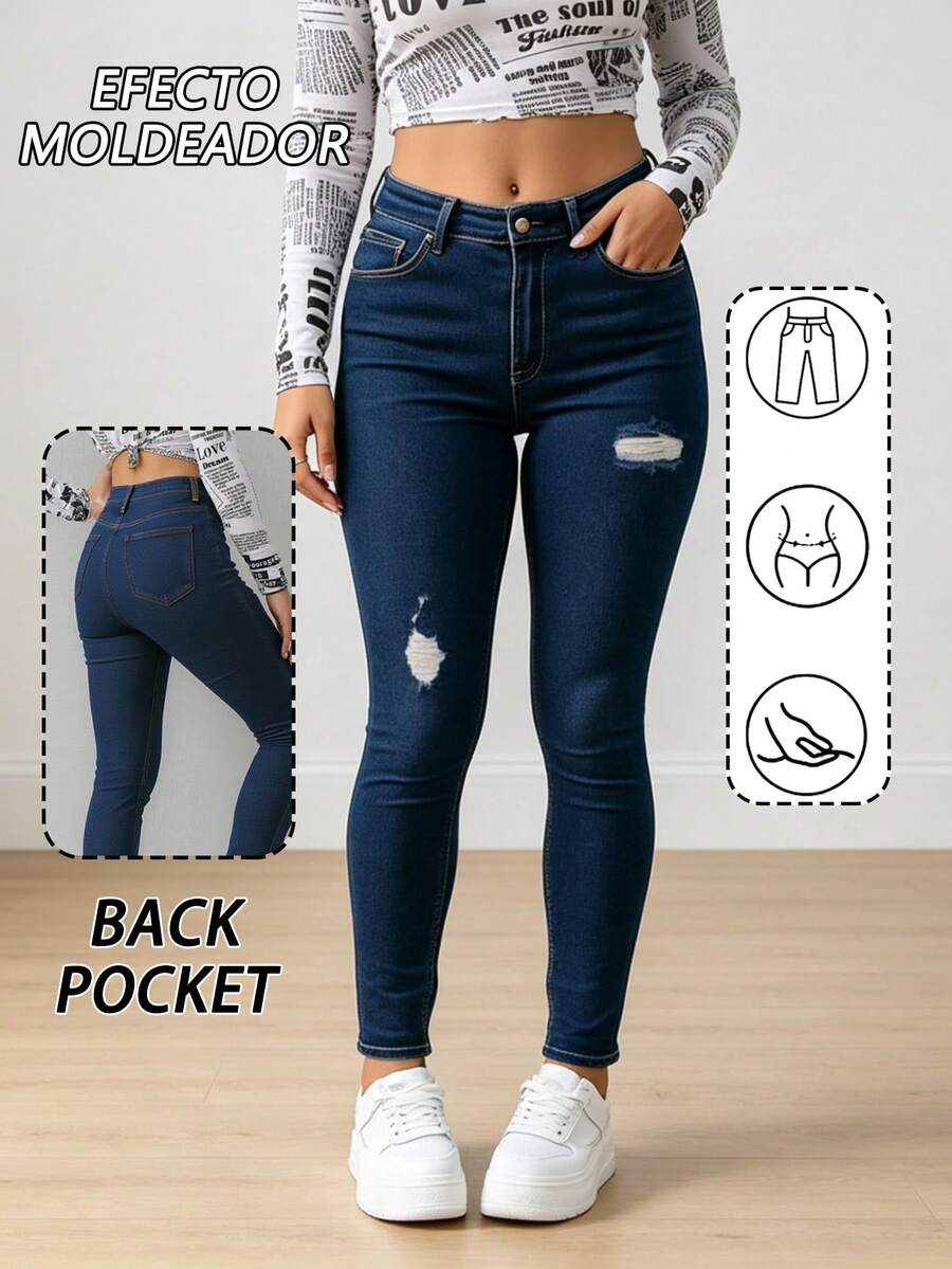 Pantalon De Mezclilla Dam, Jeans ajustados de cintura alta elásticos azules de moda para mujer, Pantalones vaqueros de mezclilla vintage rotos ajustados de corte slim,Suave y cómodo - 2045 - Ver 1