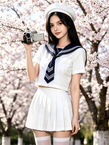 1件裝日系可愛純白三件式水手JK制服，短袖海軍領附領結，可搭配水手帽，適合動漫Cosplay、拍照、社團派對、化裝舞會、情人節約會穿搭 - 白色 - 查看 3