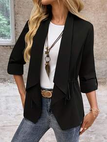 Solstice Apparel Waterfall Collar Open Front Casual Jacket Side Drawstring Waist Roll‑Up Sleeve Elegant Commuter Women Outerwear Black - Black - View 4