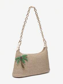 1pc Women's Minimalist Vacation Metal Chain Decor Faux Straw Flower Multi-Decor Large Capacity Handheld Baguette Bag Suitable For Outings, Dates, Commuting, Vacation - Camel - View 2