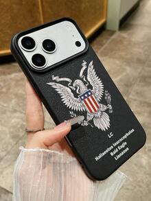 1pc American Bald Eagle Emblem Print Matte Black Faux Leather Phone Case, Patriotic Eagle Design With Shield And Stars, Printed With "Bald Eagle Linnaeus" Scientific Name, Scratch-Resistant And Shockproof, Suitable For Daily Use, Also A Great Gift For Independence Day, July 4th National Day, National Celebrations And Bird Enthusiasts - Black - View 1