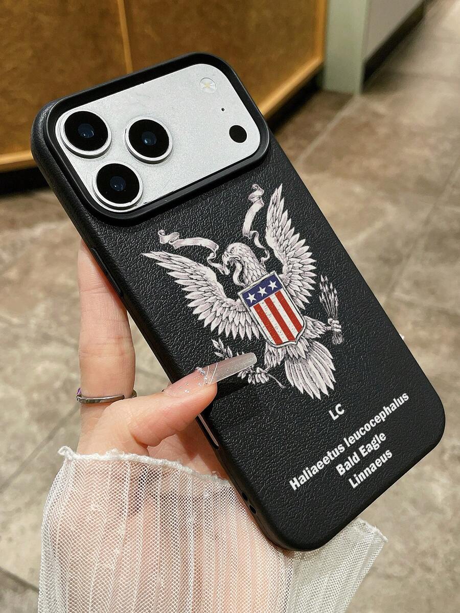 1pc American Bald Eagle Emblem Print Matte Black Faux Leather Phone Case, Patriotic Eagle Design With Shield And Stars, Printed With "Bald Eagle Linnaeus" Scientific Name, Scratch-Resistant And Shockproof, Suitable For Daily Use, Also A Great Gift For Independence Day, July 4th National Day, National Celebrations And Bird Enthusiasts - Black - View 1