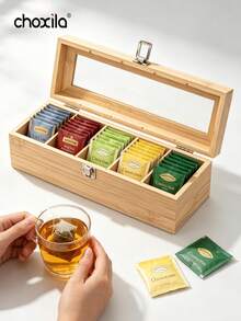 choxila 1Pc Wooden Tea Bag Storage Box, Compartment Desktop Sundries Organizer Flip Cover Storage Rack For Office Coffee Tea Storage - Wooden Tea Bag Storage Box - View 5
