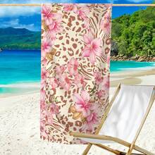 1PC Pink Lily Flower Leopard Zebra Mixed Print Beach Towel, Cream Off White Base Tropical Animal Floral Full Print Microfiber Towel, Boho Girly Summer Pool Vacation Quick Dry Bath Towel - Multicolor - View 3