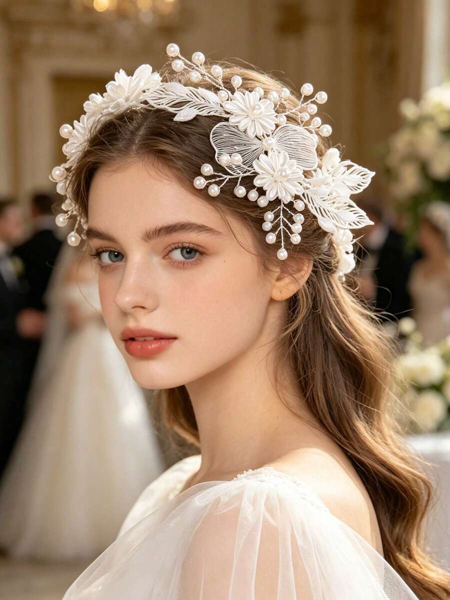 1件女孩新娘伴娘水晶皇冠頭飾,新娘婚紗花環髮梳髮飾,簡約髮飾 - 白色 - 查看 1