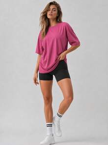 Women's Loose Oversized Dropped Shoulder Purple Solid Color T-Shirt Short Sleeve Round Neck Top Summer Casual Shirt Y2K 2026 Basic Style - Purple - View 2