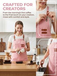 1pc Canvas Apron, Fresh Artistic Style, Multi-Functional Pockets, Fashionable Pink Women's Apron, Suitable For Gardening Apron, Floral Arrangement Apron, Cafe Apron, Workwear Use, Holiday Gift For Wife And Mother - Multicolor - View 3