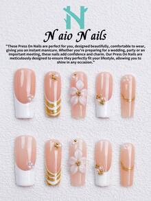 NAIO 10片/組手工穿戴式假指甲，3種尺寸：棺材型/杏仁型/短方型，Y2K優雅風，裸粉色法式美甲搭配3D花卉設計，金線與珍珠/金珠裝飾，適合女性與女孩，日常使用與派對，女士美甲禮物首選 - 彩色 - 查看 12