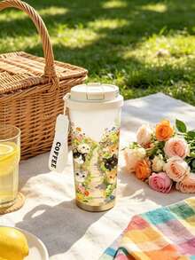 1件/5件 500ml 貓咪與粉色花卉印花保溫咖啡杯，附翻蓋與「Coffee」掛繩，304不鏽鋼防漏旅行杯，適用冰咖啡、果汁、牛奶，適合戶外與居家使用，貓奴完美禮物 - 多色-貓咪群像 - 查看 3