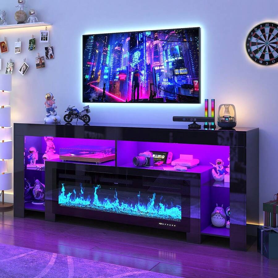 82" Modern High Gloss Fireplace TV Stand With 50" Fireplace, Entertainment Center With Electronic Flame And USB Powered LED Lights, TV Console Cabinet - Xem 1