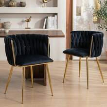 Modern Velvet Dining Chairs Set Of 2 Hand Weaving Accent Chairs Living Room Chairs Upholstered Side Chair With Golden Metal Legs For Dining Room Kitchen Vanity Living Room - 黑色 - 查看 1