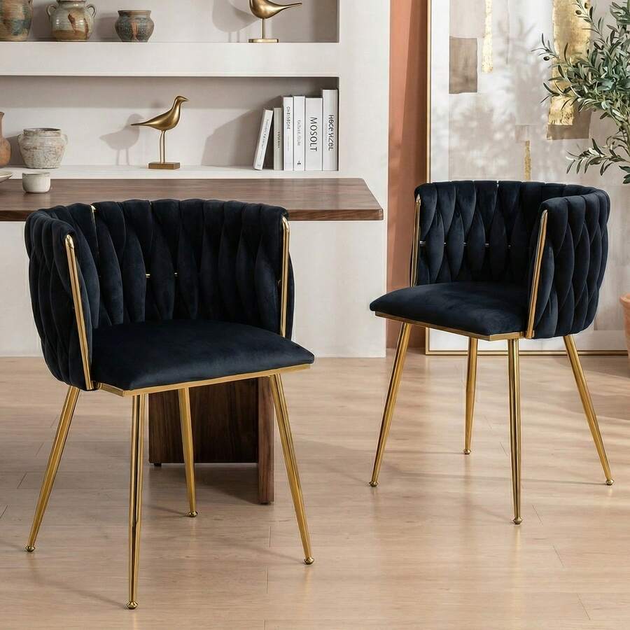 Modern Velvet Dining Chairs Set Of 2 Hand Weaving Accent Chairs Living Room Chairs Upholstered Side Chair With Golden Metal Legs For Dining Room Kitchen Vanity Living Room - 黑色 - 查看 1