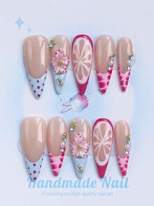 10PCS-Handmade Press On Nails, Long Pointed Shape, Fake Nails, Y2K Style, Sturdy And Durable, Reusable, Rose Red, With French Style, 3D Design, Suitable For Daily Wear, Parties, Vacations, And Also The Best Holiday Gift For Girls And Women. - Multicolor - View 1