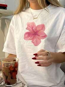 Women's Short-Sleeved T-Shirt With Round Neck And Retro Floral Print, 100% Cotton, Soft Pink, Hawaiian Cut, Lightweight And Breathable, Ideal For Beach, Office And Everyday Wear. - 白色 - 查看 1