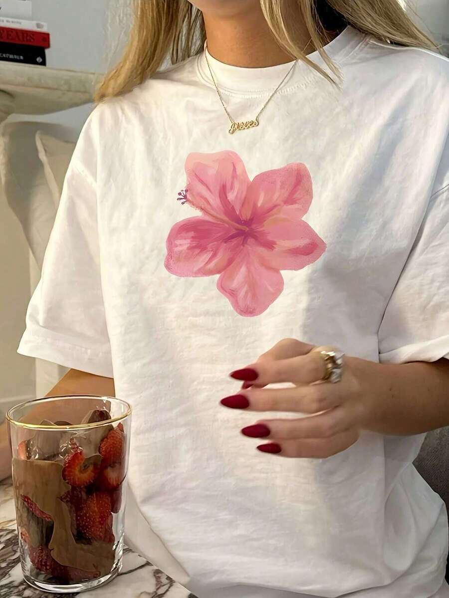 Women's Short-Sleeved T-Shirt With Round Neck And Retro Floral Print, 100% Cotton, Soft Pink, Hawaiian Cut, Lightweight And Breathable, Ideal For Beach, Office And Everyday Wear. - 白色 - 查看 1