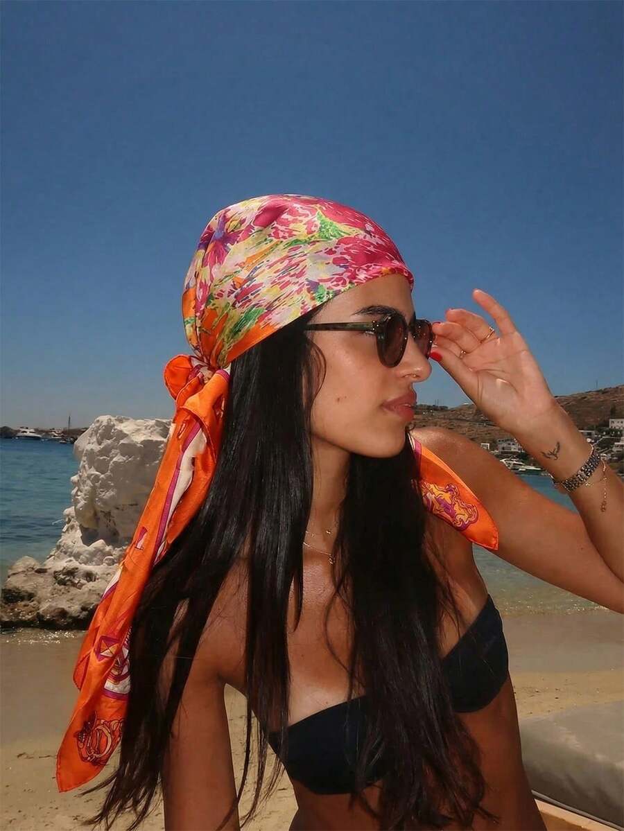 1件波西米亚风优雅扎染花卉印花女士头巾，绘画风格百搭围巾，春夏时尚奢华围巾披肩，适合日常和户外穿着 - 橘紅色 - 查看 1