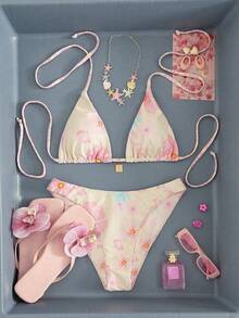 2pcs Floral Print Cute Tie Back Backless Women Bikini Swimwear, Vacation Beach, Spring/Summer - Multicolor - View 5