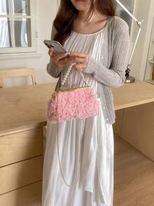 Bolso bandolera de cuero PU con lunares redondos para mujer, bolso de mano estilo vintage con cierre de hebilla y correa ajustable para el hombro, bolso tote de ciudad de unicolor y lig - Champán - Ver 2