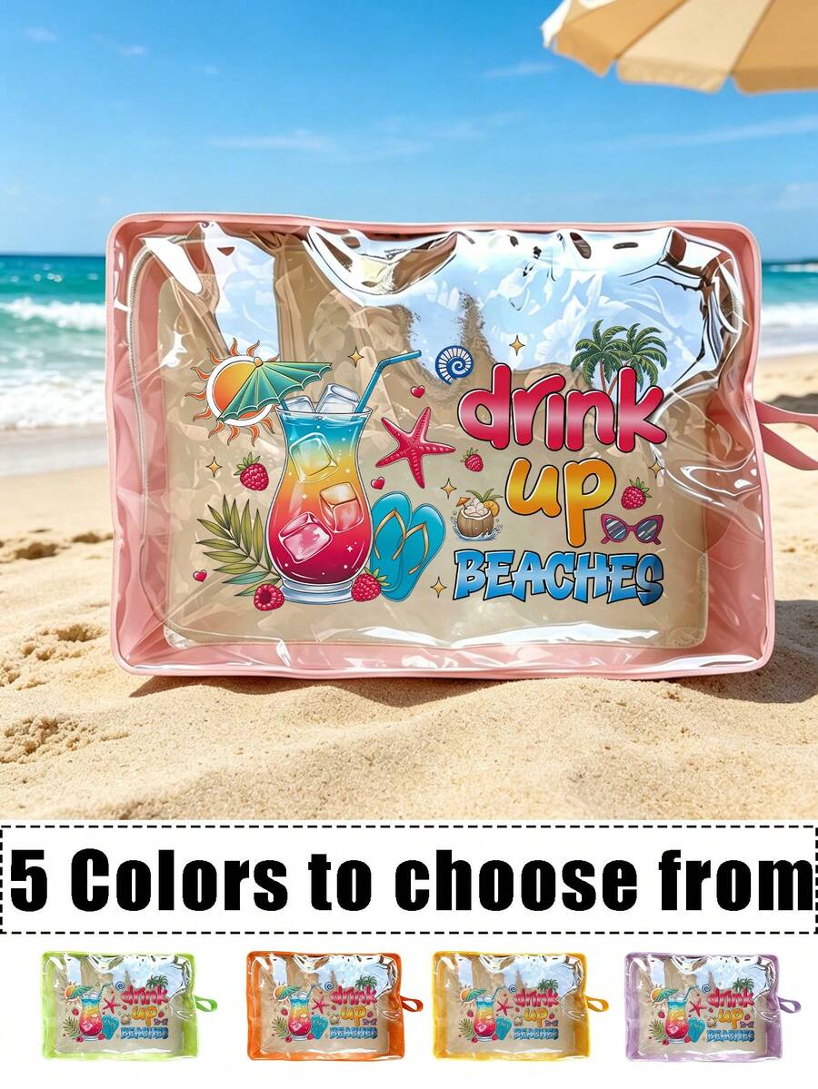 「Drink Beach」印花透明包,可愛拉鍊化妝包,多功能透明收納袋,女款透明盥洗包,5色可選,多色沙灘托特包,可折疊輕便盥洗手拿包,便攜旅行個人護理化妝收納盒,適合沙灘旅行、購物,完美適用於郵輪度假、沙灘日,教師節禮物 - 彩色 - 查看 1
